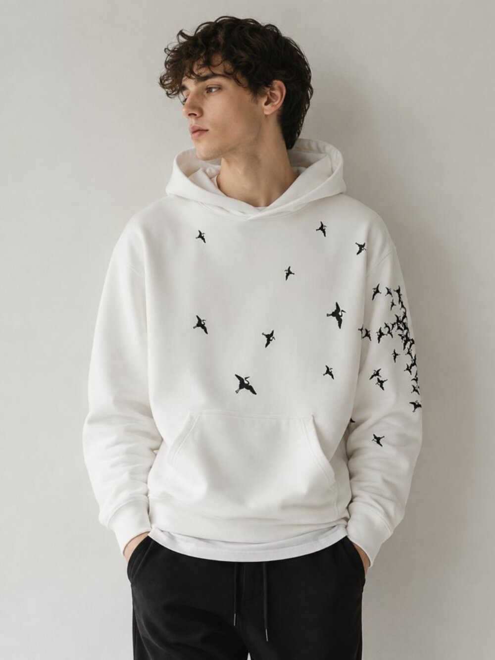 Dead Than Cool Men's White Bird Print Hoodie Pullover Size Small